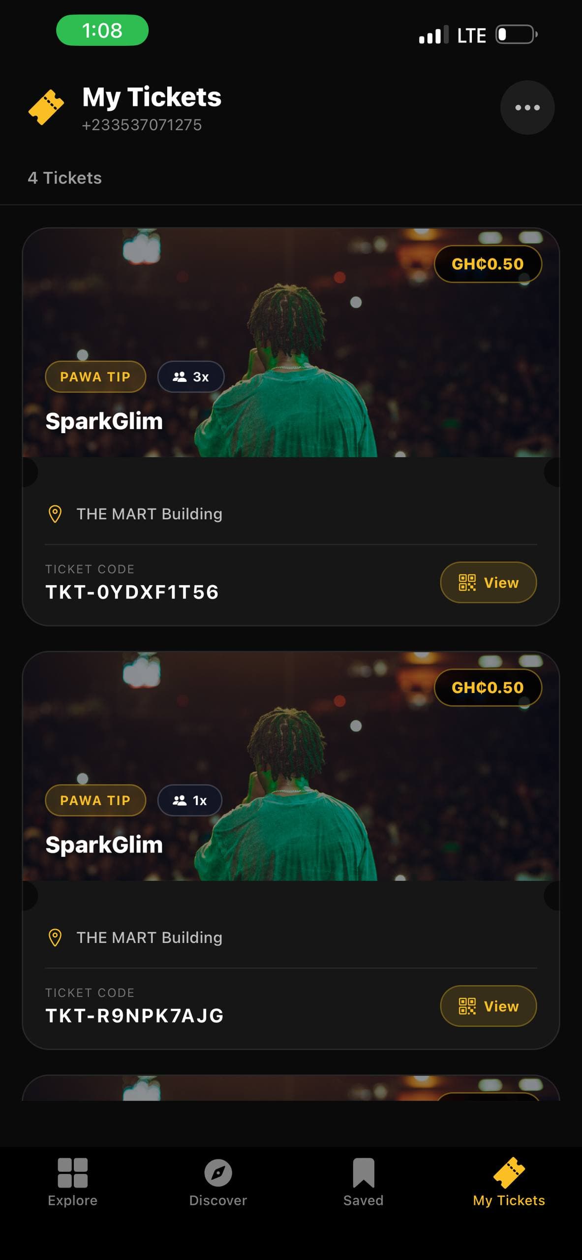 SparkGlim user app Saved tickets and receipts screenshot